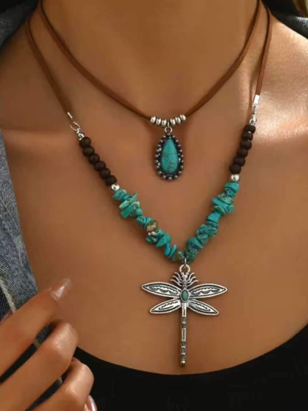Boho Southwestern Turquoise Dragonfly 2-Piece Adjustable Necklace Set